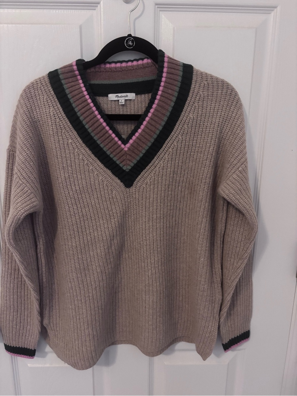 Madewell women’s  V-Neck Sweater in Tan with Pink & Teal Trim